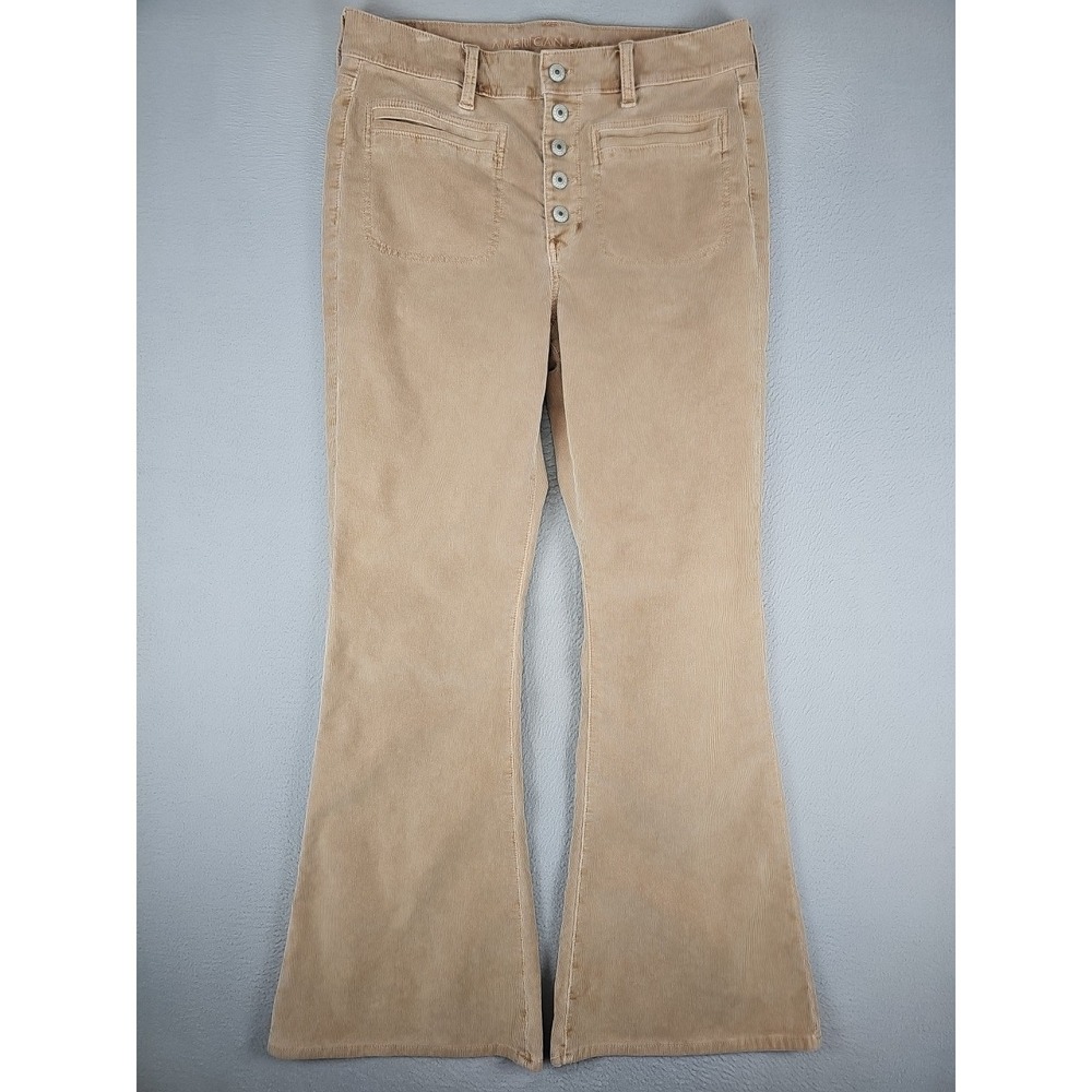 American Eagle Super Hi Rise Flare Corduroy Pants Size 12 REG 32x30 Tan Stretch